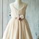 2015 Beige Junior Bridesmaid Dress, V neck Ruched Flower Girl Dress, Spaghetti Strap Rosette dress, knee length (JK008)