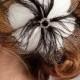 Soft White or Light Ivory Feather Flower Birdcage Fascinator with Jet Black Accents - Bree