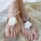 Wedding Barefoot Sandals Satin Flower Pearls Bridal beach sandals Barefoot Jewelry Bride wedding Shoes toe thong Hemp handmade sandals Ivory