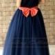Navy Blue Lace Flower Girl Dress Floor Length with Coral Sash and Bow