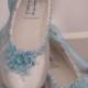 Blue Wedding Flats White Satin Shoes - Blue Bridal Flat shoes, Brides Something Blue Wedding Shoe, Blue Flowers, Lace Up Ballerina Slipper