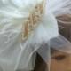 POUF fluffy White ,Ivory  blusher Veil vintage inspired gold crystal, pearls, & feather fascinator wedding Bridal  teardrop hatblusher  veil