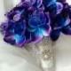 Wedding Natural Touch Blue Purple dendrobium orchids Wedding Bouquet with Brooch and Diamond Mesh Accents - Silk Wedding Bouquet