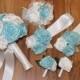 FULL PRICE, Budget Wedding, Gulf Blue & White Fabric Bouquet Package, Tiffany, CUSTOM Made, Bridal Bouquet, Bridesmaid Corsage