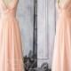 2015 Peach Chiffon Bridesmaid dress, Blush Long Wedding dress, V neck Party dress, Spaghetti Strap Halter Formal dress floor length (F088)