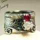 Rough Diamond Mermaid Wedding Ring, Vintage Floral Bridal Set, Sterling Silver Alternative Wedding Ring
