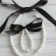 Black Flower girl jewelry set pearl necklace bracelet set, satin ribbon wedding gift junior bridesmaid pearl bracelet wedding party