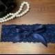 Navy Blue Garter, Navy Garter, Custom Sized Bridal Navy Blue Lace Garter With Navy Blue Bow