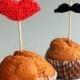 Party cupcake toppers - lips and mustache cake toppers - wedding cupcake toppers - party decoration - crochet lips and mustache - set of 6