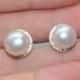 White genuine freshwater real pearl earring stud,Cubic Zirconia Diamond Stud Sterling Silver pearl stud earring,button wedding pearl earings