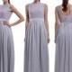 Grey Lace Chiffon Bridesmaid Dress, Long Straps Bateau Neck Cheap Lace Bridesmaid Dress With Low Back