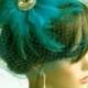 Turquoise Wedding Head Piece With Bridal Birdcage Veil Fascinator Wedding Accessory Feathers