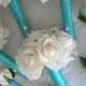 Cream/white Realtouch Roses wrapped in Robin Egg Blue Blue Bridal and Bridesmaids Bouquet Set
