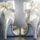Wedding Shoes -- Light Ivory Peep Toe Wedding Shoes with Rhinestones and Matching Bow