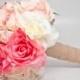 Silk Wedding Bouquet - White Pink and Peach Burlap Rose Silk Wedding Bouquet - Rustic Bridal Bouquet