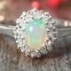 Opal and Diamond Halo Engagement <Prong> Solid 14K White Gold (14KW) Affordable Colored Stone Wedding Ring *Fine Jewelry* (Free Shipping)