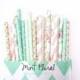 Mint Floral paper straws -Vintage wedding decor, Seaglass Damask Pink flower straws, Rustic Wedding, Tea Party, Vintage Floral party Straws