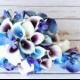 Wedding Picasso Purple Blue and Turquoise Bride Cascade Teardrop Bouquet - Calla Lilies and Orchids