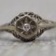 14K White Gold Antique Engagement Ring with Old Single Cut Diamond and Filigree Work VEG #16