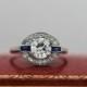 Antique Art Deco Platinum Engagement Ring with 1.51ct Center Old European Cut Diamond and Sapphires VEG #4
