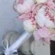Silk Bride Bouquet Shabby Chic Vintage Inspired Wedding Pink and Cream Peony Flowers (Item Number MHD20050)