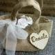 Burlap small/tiny Flower Girl Basket with bow tulle Personalized Wooden Heart , Rustic, Shabby Chic bridesmaid favor bag