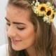 Sunflower Flower Crown with Green Leaves and Babies Breath Wedding Hair Yellow Floral Halo Boho Wedding Bridesmaid or Flower Girl Headband