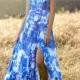 2015 Blue Bridesmaid dress, Print Chiffon Wedding dress, Slit Maxi dress, Spaghetti Strap  Formal dress, Prom dress Floor-length (F245)