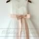Ivory Lace Tulle Flower Girl Dress With Blush Sash and Bow