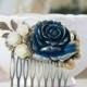 Something Blue Wedding Hair Comb Gold Navy Dark Blue Ivory Rose Flower Leaf Branch Bridal Hair Comb Victorian Shabby Country Chic Goth Hair