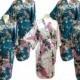 On sale Set 5 Kimono Robes Bridesmaids Silk SatinTeal /White Colour Paint Peacock Desighn Pattern Gift Wedding dress for Party Free Size