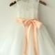 Ivory Lace Tulle Flower Girl Dress With Peach Sash and Bow