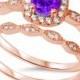 Rose Gold Vintage Wedding Engagement Ring Round Purple Amethyst Clear Diamond CZ Halo Two Piece Ring Band Bridal Set 925 Sterling Silver