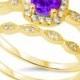 Vintage Wedding Engagement Ring Round Purple Amethyst Clear Diamond CZ Halo Two Piece Ring Band Bridal Set Yellow Gold 925 Sterling Silver