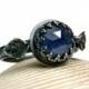 Black Silver Blue Sapphire Leaf Ring, September Birthstone Jewelry, Rose Cut Natural Sapphire Gemstone Ring