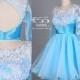 Sky Blue Long Sleeves Keyhole Lace Homecoming Dress/Puffy Homecoming Dress/Short Organza Party Dress/Short Lace Prom Dress DH476