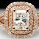 Rose Gold Engagement Ring Large Radiant Cut Diamond Ring 14k Gold Pave Double Halo Ring Radiant Engagement Wedding Ring Vintage