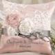 Lace Wedding Pillow,  Ring Bearer Pillow Embroidery Names, Peach Satin, Lace Grey ribbon