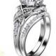 Bridal Set 14K White Gold Diamond Engagement ring,Leaf Ring,Matching Wedding Rings.