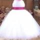 Tutu Dress, Flower Girl Dress, White Tulle, Fuchsia Ribbon, Hot Pink Flower, Fabric Flower, Portrait Dress, Wedding Flower Girl Dress