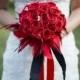 Red & Black Rose Bridal Bouquet with Feathers and Pearls