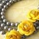 Statement Necklace, Bridal Jewelry, Flower Necklace, Bridesmaid Jewelry, Gift For Her, Bridal Wedding Necklace Gray and Yellow