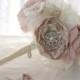 Shabby Chic Bouquet, Feathers, Handmade Flowers Rhinestone Pearl broach 9" bouquet, jewel handle, Vintage Lace Blush Pink Champagne Bouquet