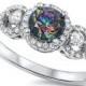 3.00 Carat Round Mystic Rainbow Topaz Crystal Russian Diamond CZ Three Stone Halo Solid 925 Sterling Silver Wedding Engagement Bridal Ring