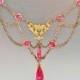 Edwardian Necklace, Pink Sapphire Rhinestone Necklace, Gold Chain Heart Necklace, Pearl Necklace, Antique Jewelry, Festoon Necklace Wedding