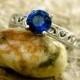 Blue Sapphire Engagement Ring in 14K White Gold with Detailed Scroll Pattern Size 6/3mm