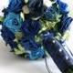 Royal and Navy "Something Blue" Ribbon Rose Alternative Bridal Wedding Bouquet, Large Bride Bouquet Made to Order