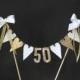 50th Golden Wedding Anniversary cake topper, cake bunting, cake banner, cake flags, white lace and gold hearts with gold numbers