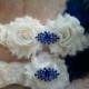 Something Blue Wedding Garter Set with Rhinestone & Feather on a  Ivory Lace - Style G2977