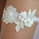 Ivory Lace Wedding Garter Set Handknitted With Cream Pearls - Handmade Garter Set